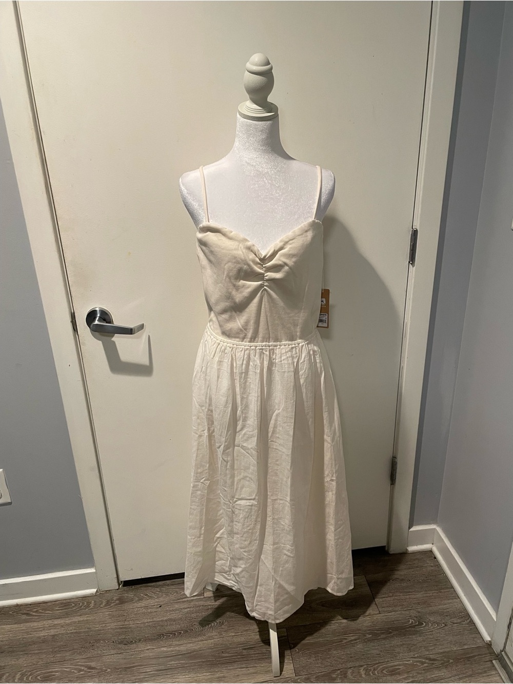 Cream Spaghetti-Strap Midi Dress with Ruched Bodice